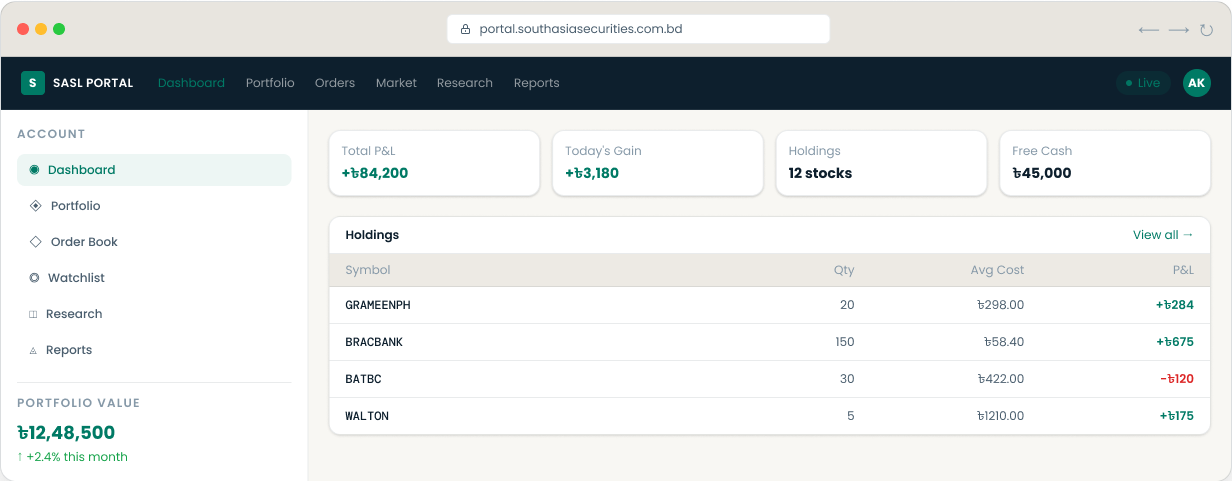 SASL Portal dashboard with portfolio value and holdings