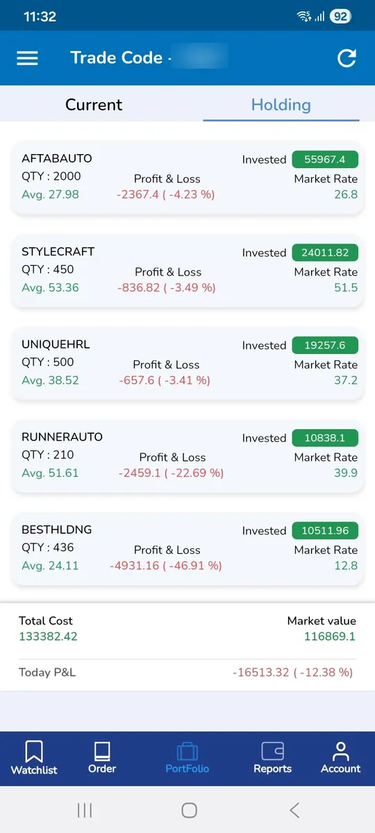 TradeLink app: holdings with profit and loss